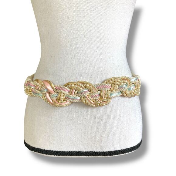 Vtg 80s Macramé Hip Fashion Belt Sz S/M Blue Pink Faux Pearls Braided Funky - Picture 1 of 8